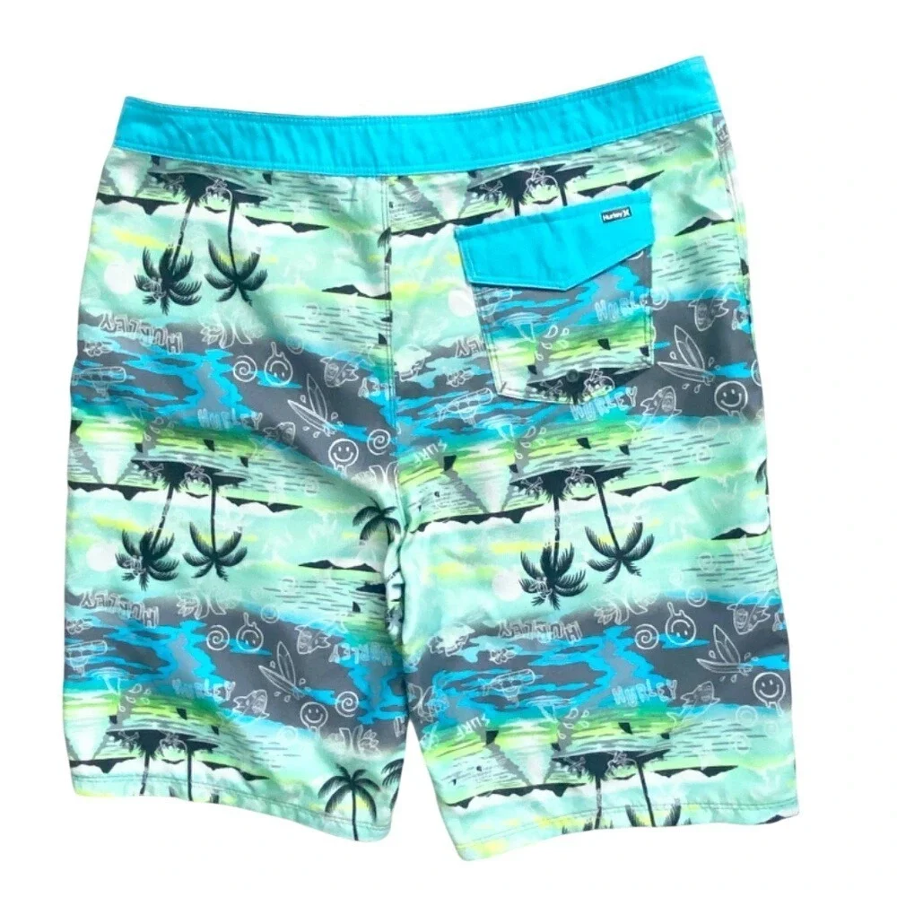 Hurley Tropical Palm Shark Print Board Shorts‎ Boys 20/30 Blue Green